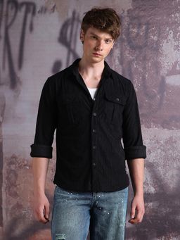 Hubberholme - High Star Men Relaxed Fit Spread Collar Double Flap pocket utility Solid Textured Casual Shirt