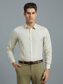 Reid & Taylor - Men Linen Checks Regular Fit Beige Shirt