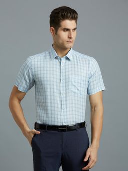 Reid & Taylor - Men Linen Checks Regular Fit Blue Shirt