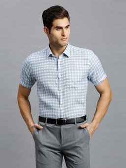 Reid & Taylor - Men Linen Checks Regular Fit Blue Shirt