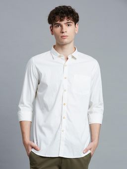 Reid & Taylor - Men Cotton Solid Slim Fit Cream Shirt