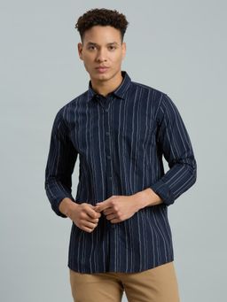 Reid & Taylor - Men Cotton Stripes Slim Fit Navy Blue Shirt