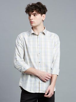 Reid & Taylor - Men Cotton Checks Slim Fit Beige Shirt