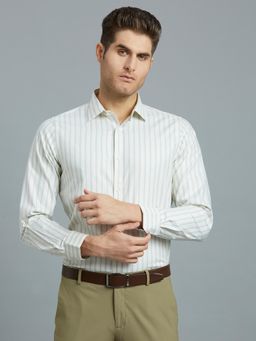 Reid & Taylor - Men Cotton Stripes Slim Fit Green Shirt