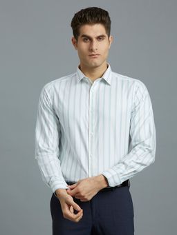 Reid & Taylor - Men Cotton Stripes Slim Fit White Shirt