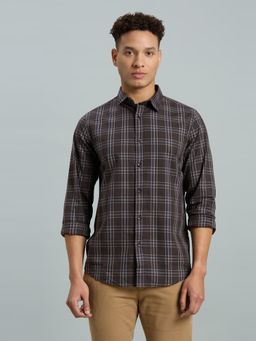 Reid & Taylor - Men Cotton Checks Slim Fit Brown Shirt