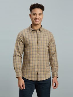 Reid & Taylor - Men Cotton Checks Slim Fit Khaki Shirt