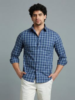 Reid & Taylor - Men Cotton Checks Slim Fit Blue Shirt