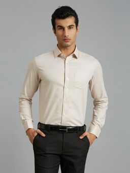 Reid & Taylor - Men Cotton Solid Regular Fit Beige Shirt
