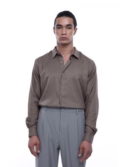 TAILORAEDGE - Men Blended Fabric Solid Tailored Fit Beige Shirt