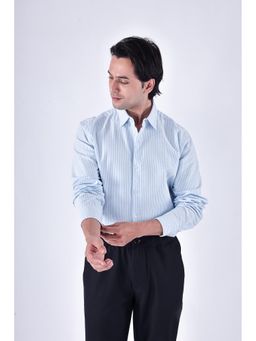 TAILORAEDGE - Men Cotton Stripes Tailored Fit Blue Shirt