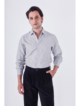 TAILORAEDGE - Men Cotton Stripes Tailored Fit Grey Shirt