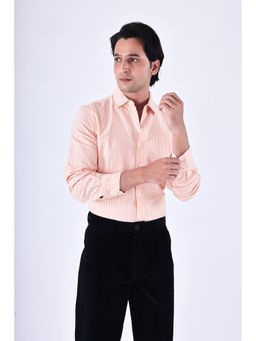 TAILORAEDGE - Men Cotton Stripes Tailored Fit Orange Shirt