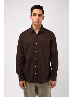 TAILORAEDGE - Men Cotton Linen Solid Tailored Fit Brown Shirt