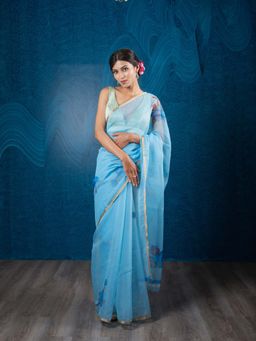 EXCLUSIVA - Blue Floral Organza Digital Print Saree Zari Border with Unstitched Blouse