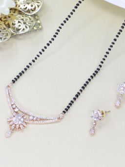 I Jewels - Traditional Single Line Pendant With Black Bead Chain Mangalsutra With Earrings