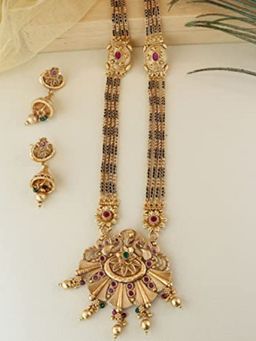 I Jewels - Traditional Long Black Pearl Brass Temple Mangalsutra With Jhumki Earrings