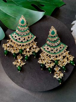 I Jewels - Gold Plated Traditional Handcrafted Pearl Kundan Beaded Chandbali Earrings