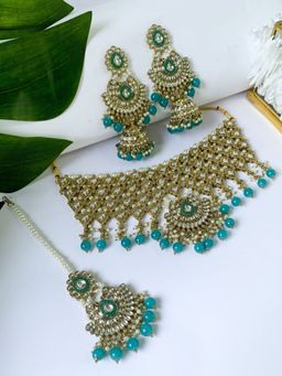I Jewels - Traditional Kundan & Pearl Drop Bridal Choker Necklace Jewellery Set