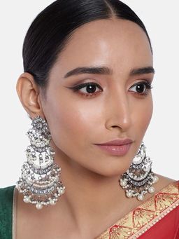 I Jewels - Ethnic Silver Oxidised 3 Layered Chandbali Earrings