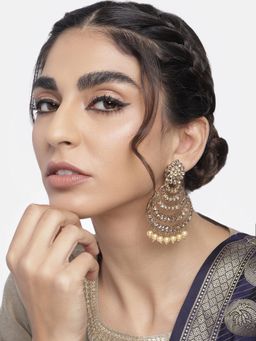 I Jewels - Traditional Stunning Antique Finish Kundan and Pearl Golden Chandbali Earrings