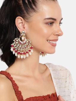 I Jewels - Intricately Designed Alloy Red Enamel Glided with Kundans and Pearls Traditional Earrings