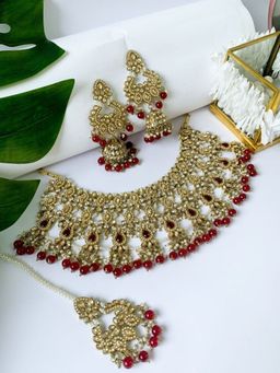 I Jewels - Traditional Kundan & Pearl Drops Bridal Choker Necklace Jewellery Set
