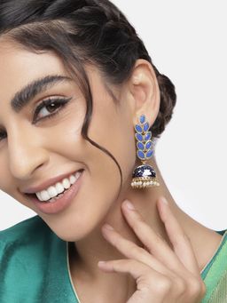I Jewels - Gold Plated Meena Work Leaf Shaped Jhumki Earring