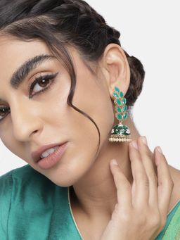 I Jewels - Gold Plated Meena Work Leaf Shaped Jhumki Earring