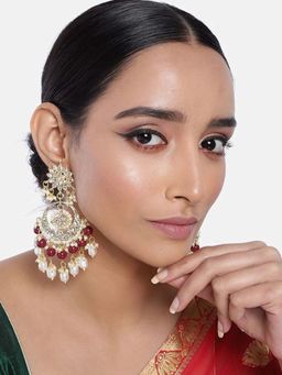 I Jewels - Gold Plated Traditional Handcrafted Pearl Kundan Beaded Drop Earrings