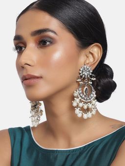 I Jewels - Silver Oxidised Traditional Handcrafted Pearl Kundan Beaded Drop Earrings