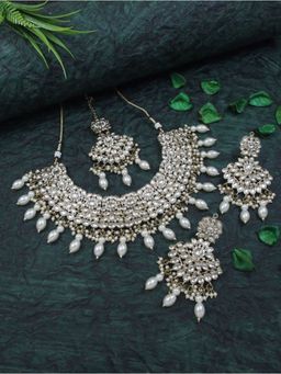 I Jewels - Traditional Kundan Pearl Drop Bridal Choker Necklace Jewellery Set