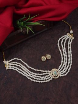 I Jewels - Traditional Handcrafted Stone Pearl Choker Necklace Jewellery Set with Earrings