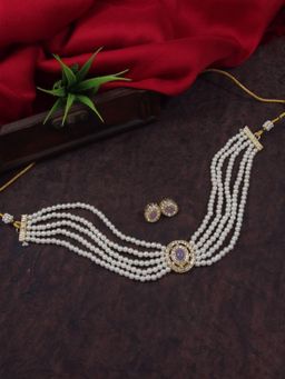 I Jewels - Traditional Handcrafted Stone Pearl Choker Necklace Jewellery Set with Earrings