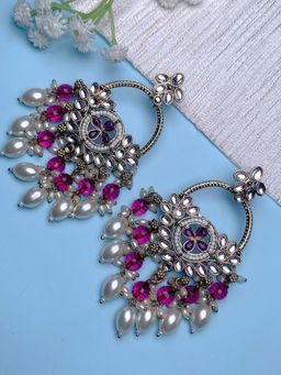 I Jewels - Traditional Handcrafted Kundan Pearl Chandbali Dangle Earrings