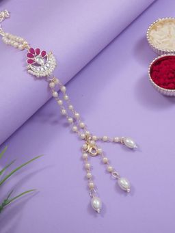 I Jewels - Pink Floral Shaped Kundan & Pearl Bracelet Rakhi with Roli Chawal