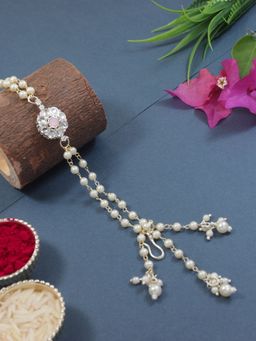 I Jewels - Peach Floral Shaped Kundan & Pearl Bracelet Rakhi with Roli Chawal