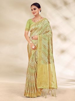 Sangam Prints - Light Green Cotton Woven Traditional Tassels Saree with Unstitched Blouse