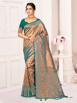 Sangam Prints - Turquoise Kanjivaram Silk Woven Work Traditional Tassels Saree with Unstitched Blouse
