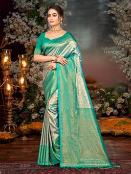 Sangam Prints - Turquoise Kanjivaram Silk Woven Work Traditional Tassels Saree with Unstitched Blouse