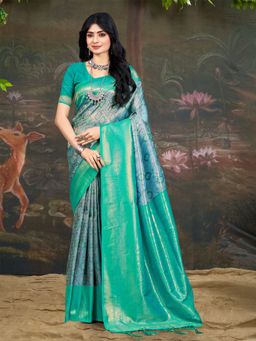 Sangam Prints - Turquoise Kanjivaram Silk Woven Work Traditional Tassels Saree with Unstitched Blouse