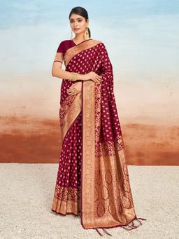 Sangam Prints - Wine Silk Woven Work Traditional Tassels Saree with Unstitched Blouse