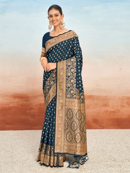 Sangam Prints - Navy Blue Silk Woven Work Traditional Tassels Saree with Unstitched Blouse