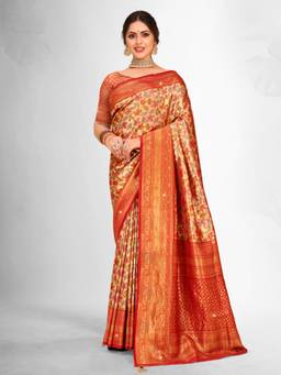 Sangam Prints - Red Banarasi Silk Woven Work Traditional Tassels Saree with Unstitched Blouse