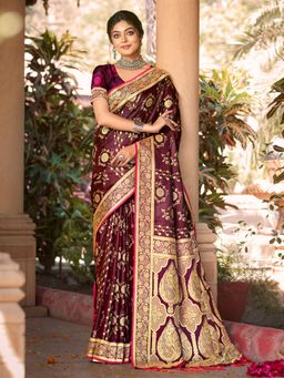 Sangam Prints - Wine Satin Silk Woven Work Traditional Tassels Saree with Unstitched Blouse