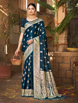 Sangam Prints - Navy Blue Satin Silk Woven Work Traditional Tassels Saree with Unstitched Blouse