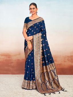 Sangam Prints - Navy Blue Silk Woven Work Traditional Tassels Saree with Unstitched Blouse