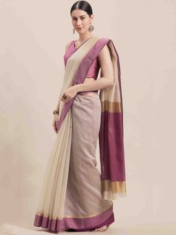Rajnandini - Womens Beige
                  and Purple Cotton Woven Traditional Saree with
                  Unstitched Blouse - 1