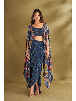 AFFROZ - Blue Printed Drape Skirt with Cape Blouse
