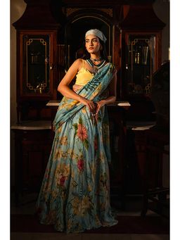 AFFROZ - Tropical Blue Lehenga Saree Set